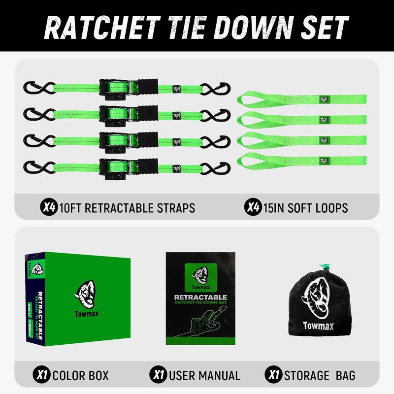 Tow-max Retractable Ratchet Straps(4 Pack) - 1in x 10ft Self Retracting Ratchet Straps with Soft Loops, 1,500 lbs Break Strength Retractable Tie Down Straps, Easy Retract for Motorcyle, Cargo, Truck, Trailer - Image 5